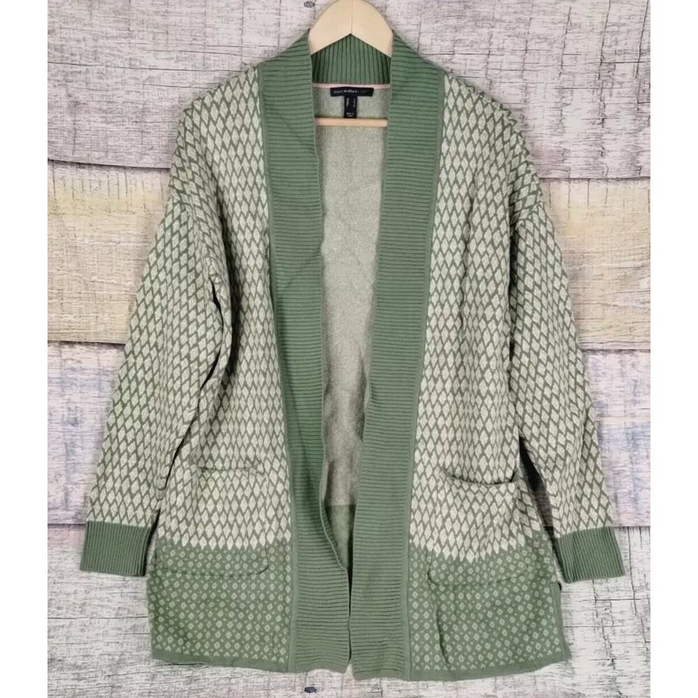 Isaac Mizrahi True Denim Jacquard Sweater Cardigan Geometric Green Small A469937
